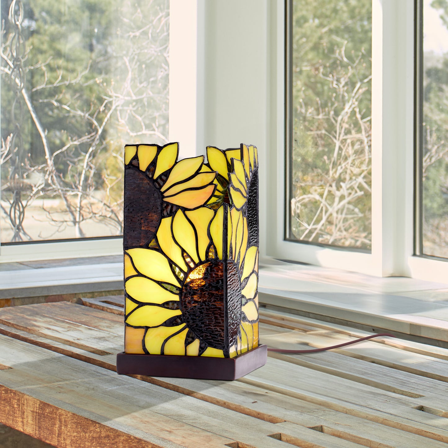 9.75" H Sunflower Stained Glass Hurricane Uplight Accent Lamp