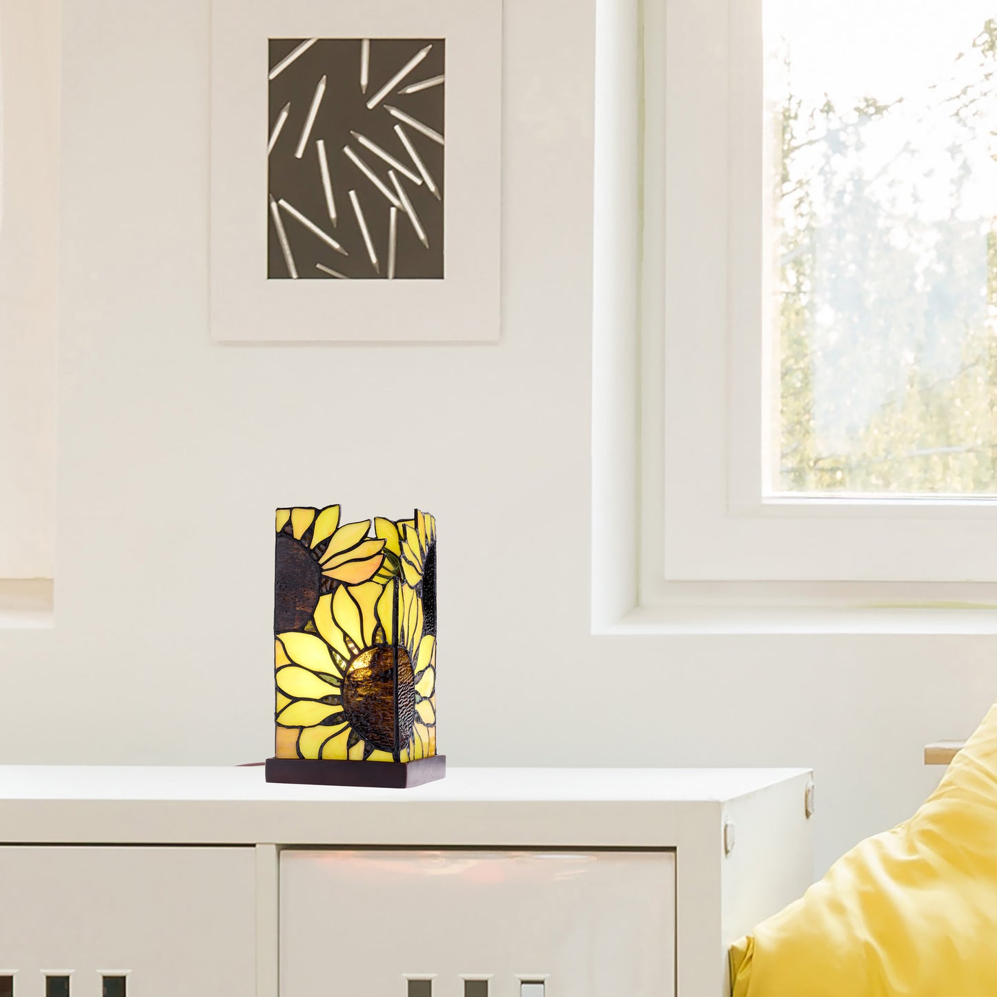 9.75" H Sunflower Stained Glass Hurricane Uplight Accent Lamp