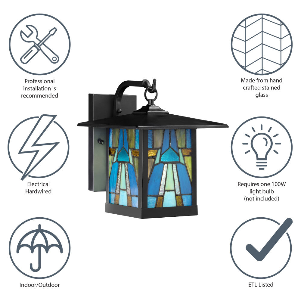 River of Goods Aqua and Amber Stained Glass and Black 1-Light Outdoor Lantern Wall Sconce