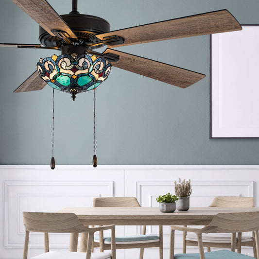 52"W 5-Blade Remote-Controlled Ceiling Fan Tiffany Glass