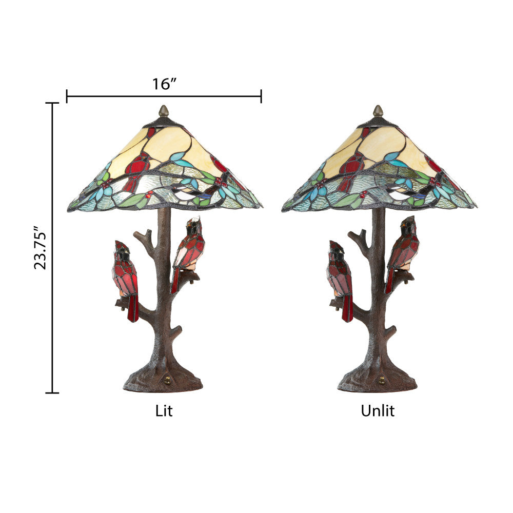 23.75"H Triple-Lit Stained Glass Cardinal Lamp