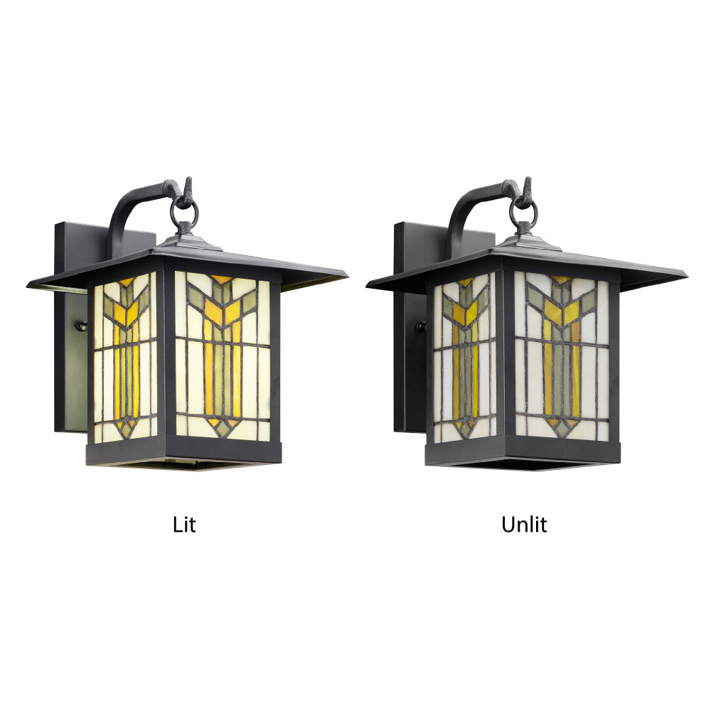 River of Goods Amber Stained Glass and Black 1-Light Outdoor Lantern Wall Sconce