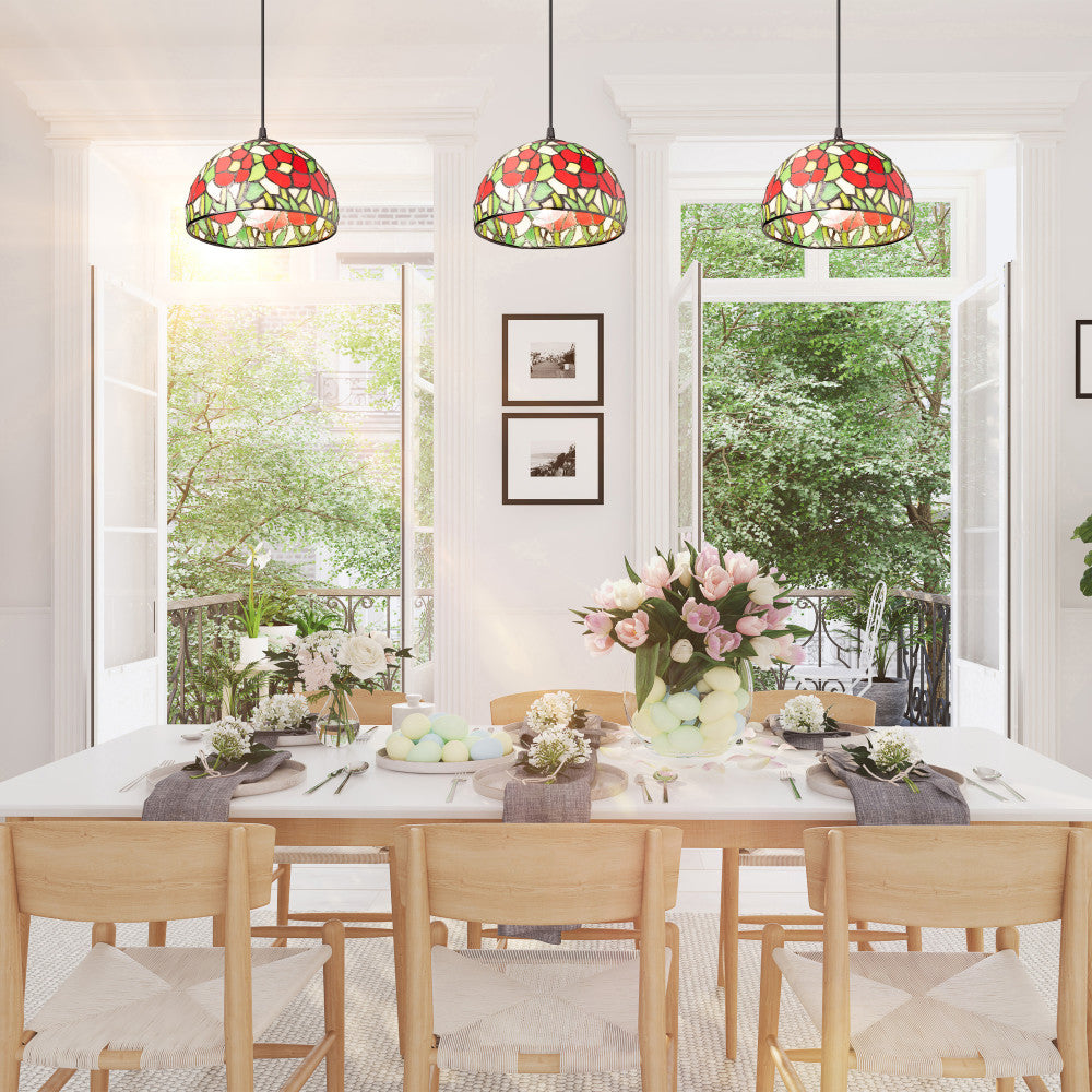 9.5" W Genevieve Red Flowers Stained Glass Dome Shade Pendant Light