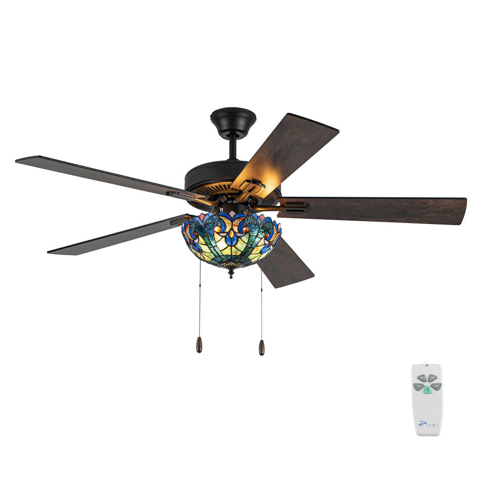 52" W Halston Indoor Tiffany Stained Glass Oil Rubbed Bronze Ceiling Fan with Remote Control