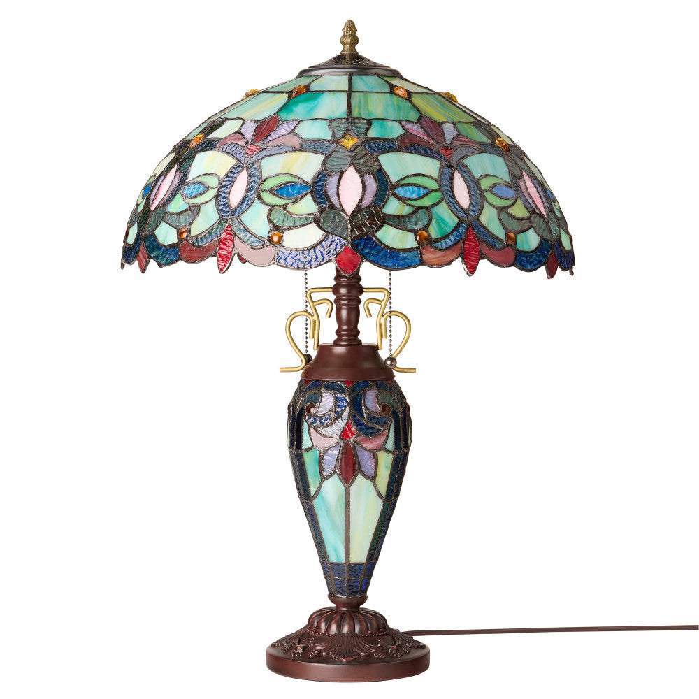 24.5" H Victorian Green Dome Shade Double Lit Tiffany-Style Stained Glass Table Lamp