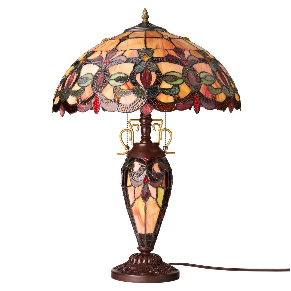 24.5" H Victorian Amber Dome Shade Double Lit Tiffany-Style Stained Glass Table Lamp
