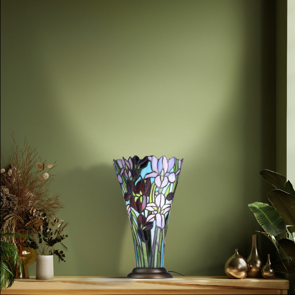 13.5" H Tiffany-Style Floral Vase Stained Glass Hurricane Table Lamp