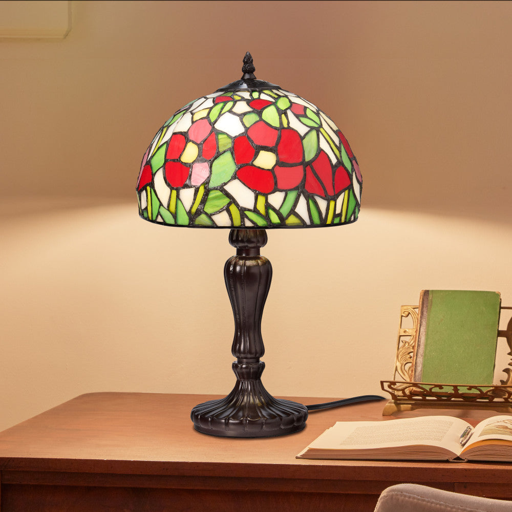 17" H Genevieve Red Flowers Stained Glass Candlestick Table Lamp