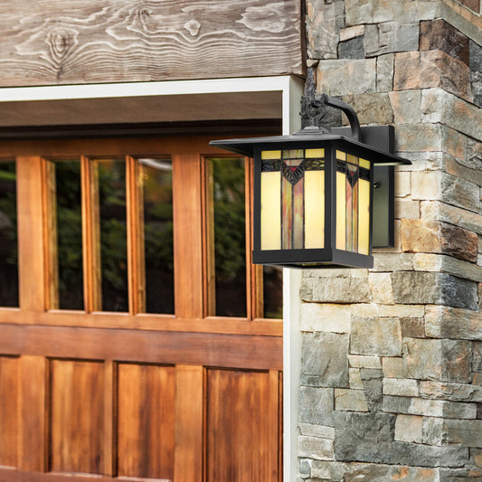 11.75"H Prairie 1-Light Stained Glass Black Outdoor Light Fixture