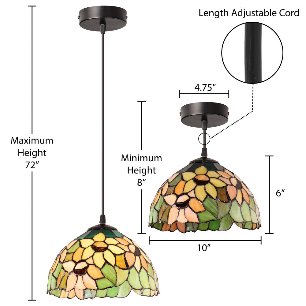 10" W Evelina Yellow Sunflowers Stained Glass Dome Shade Pendant Light
