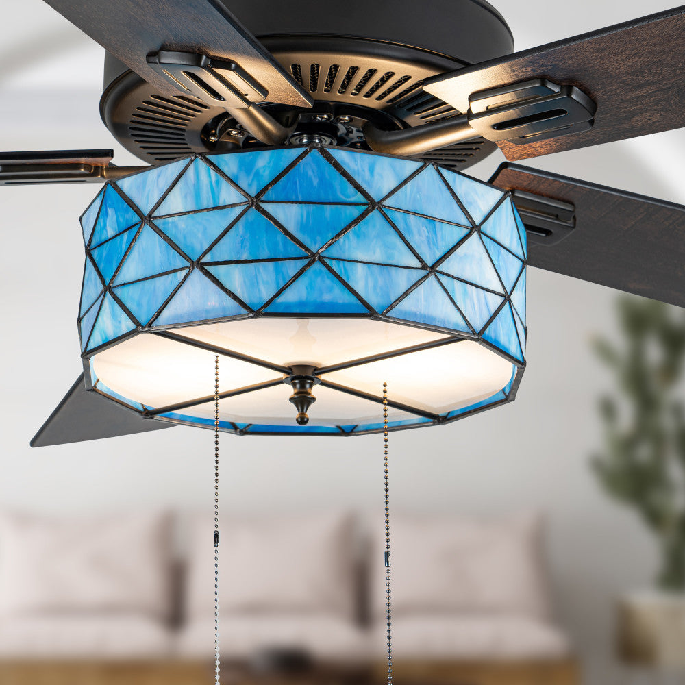 52" W Lark Tiffany Stained Glass Blue and Oil Rubbed Bronze Ceiling Fan with Remote Control