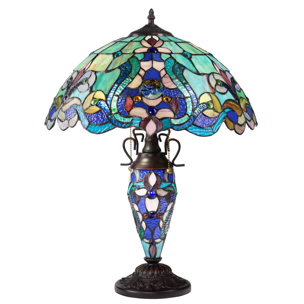 24" H Margaret Double Lit Teal Tiffany Style Stained Glass Table Lamp