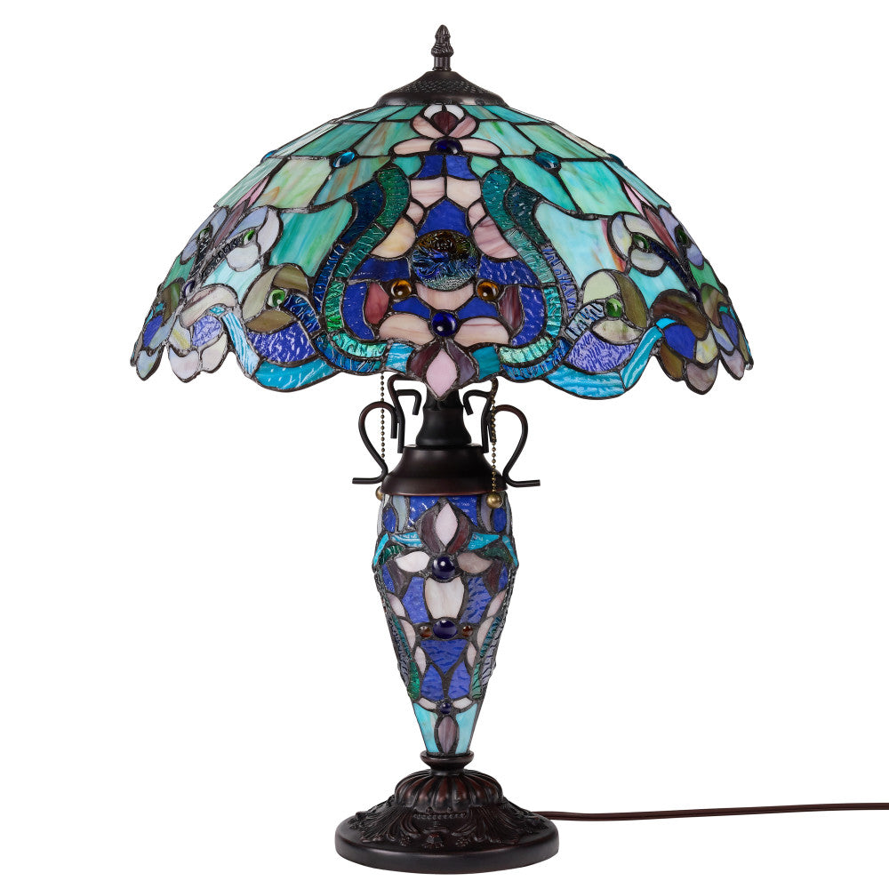 24" H Margaret Double Lit Teal Tiffany Style Stained Glass Table Lamp