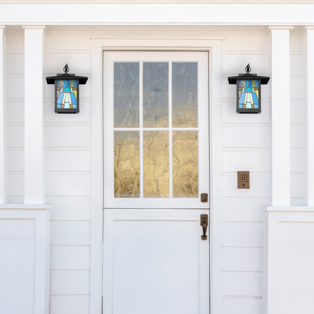 River of Goods Aqua and Amber Stained Glass and Black 1-Light Outdoor Lantern Wall Sconce