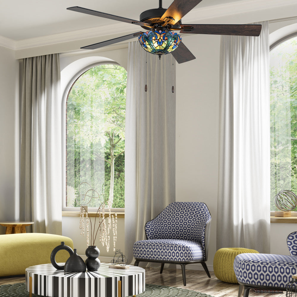 52" W Halston Indoor Tiffany Stained Glass Oil Rubbed Bronze Ceiling Fan with Remote Control