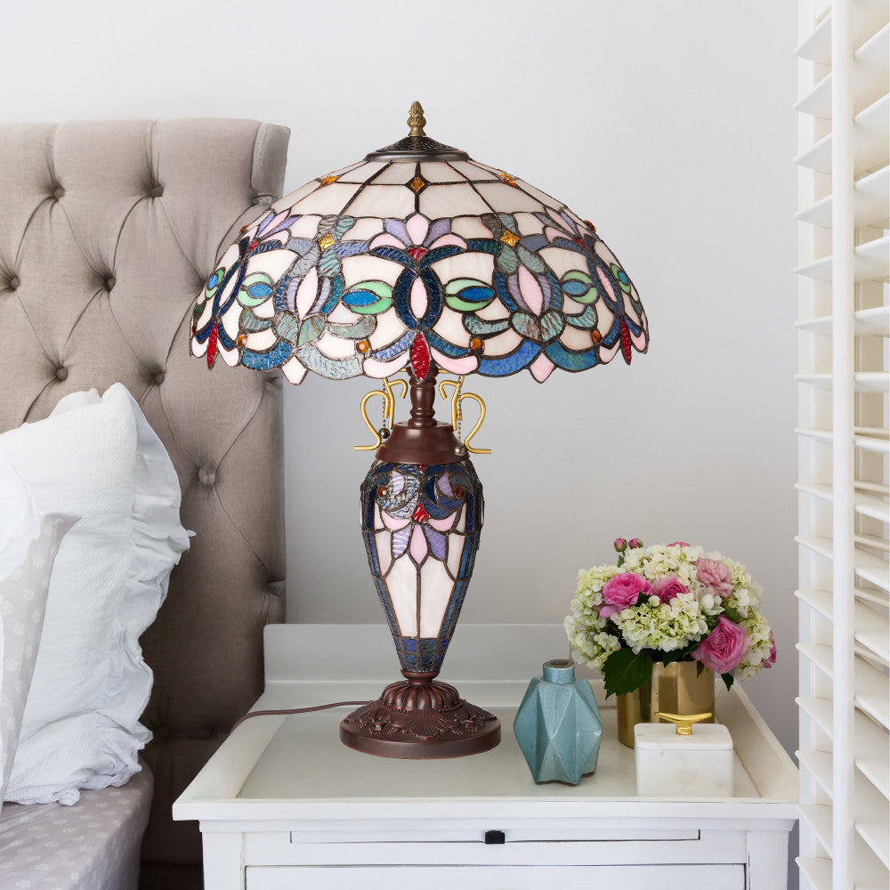 24.5" H Victorian Ivory Dome Shade Double Lit Tiffany-Style Stained Glass Table Lamp