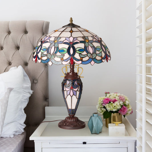 24.5" H Victorian Ivory Dome Shade Double Lit Tiffany-Style Stained Glass Table Lamp