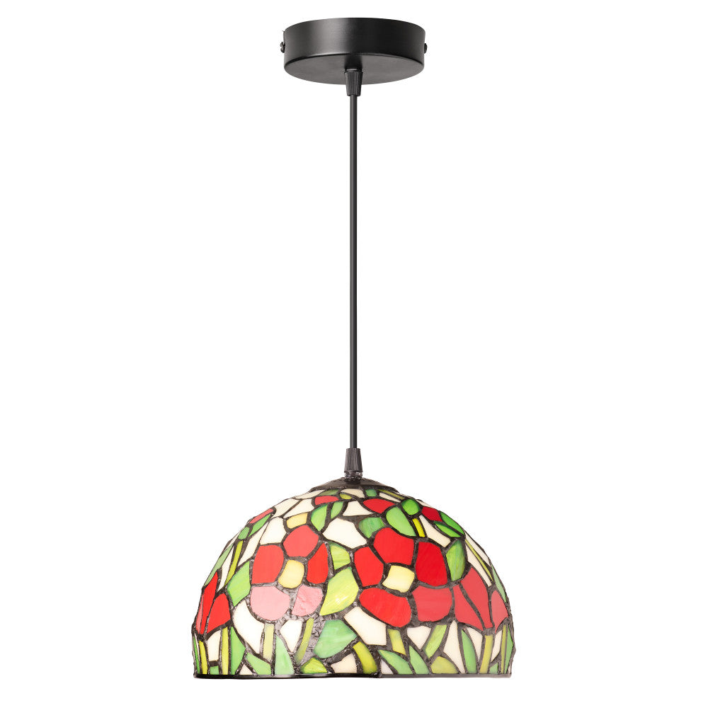 9.5" W Genevieve Red Flowers Stained Glass Dome Shade Pendant Light