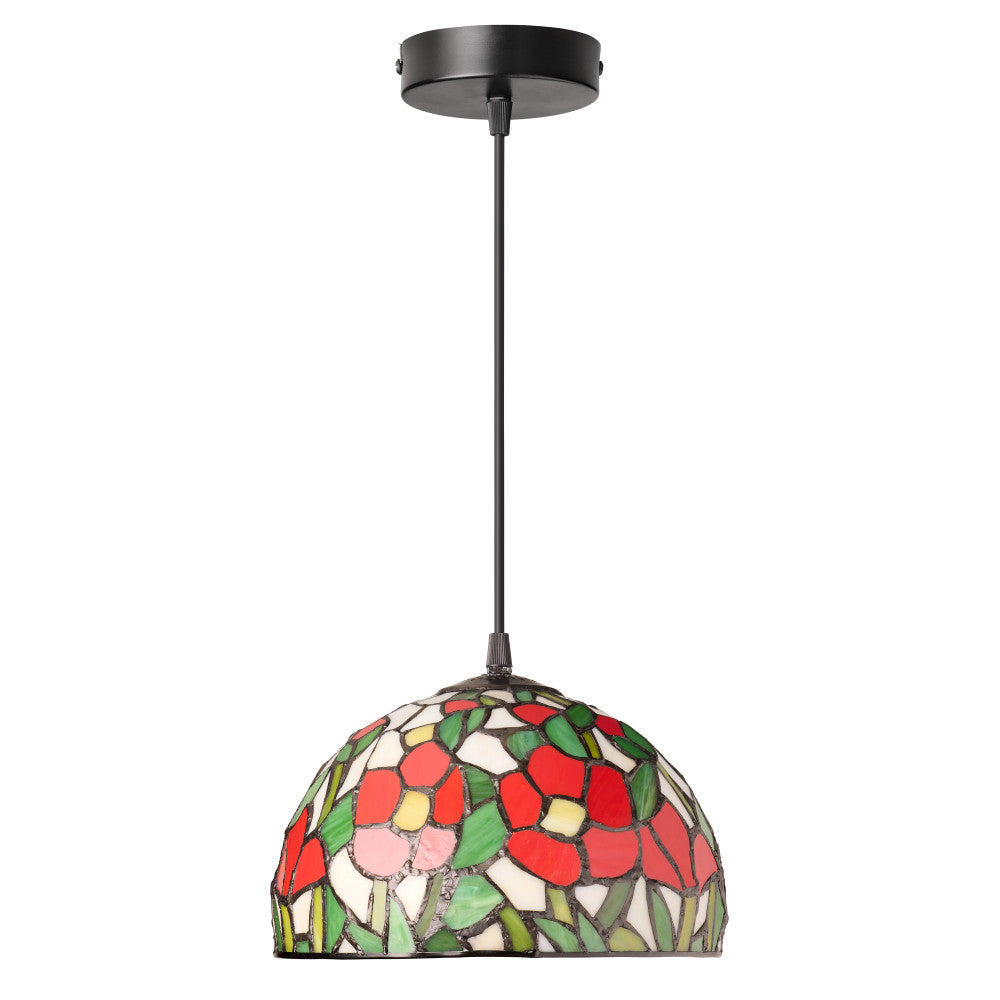 9.5" W Genevieve Red Flowers Stained Glass Dome Shade Pendant Light