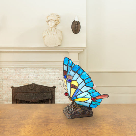 9"H Tiffany Stained Glass Flying Butterfly Accent Lamp