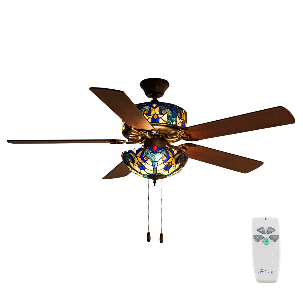 52"W LED Tiffany Style Stained Glass Halston Ceiling Fan with Remote Control