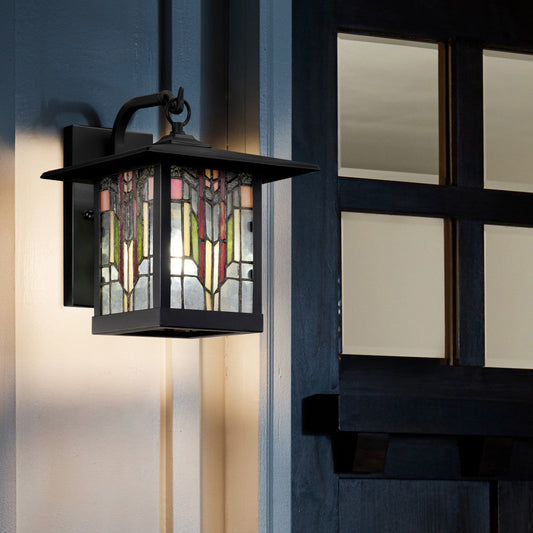 River of Goods Red Stained Glass and Black 1-Light Outdoor Lantern Wall Sconce