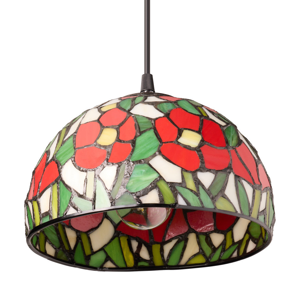 9.5" W Genevieve Red Flowers Stained Glass Dome Shade Pendant Light