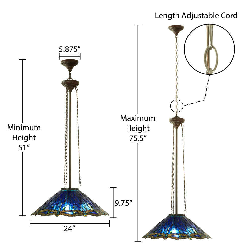 24"W 3-Light Tiffany-Style Dragonfly Pendant Light