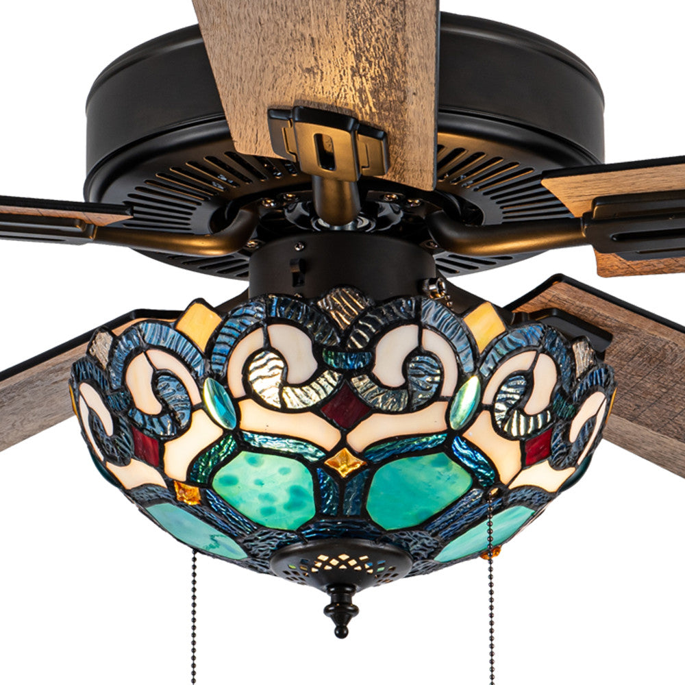 52"W 5-Blade Remote-Controlled Ceiling Fan Tiffany Glass