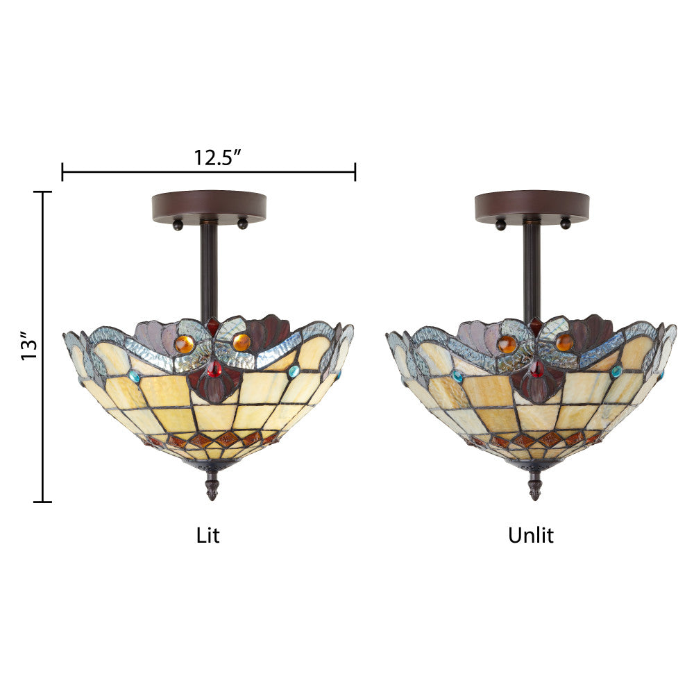 13" H Amelia Red and Amber Stained Glass Shade Traditional Ceiling Light