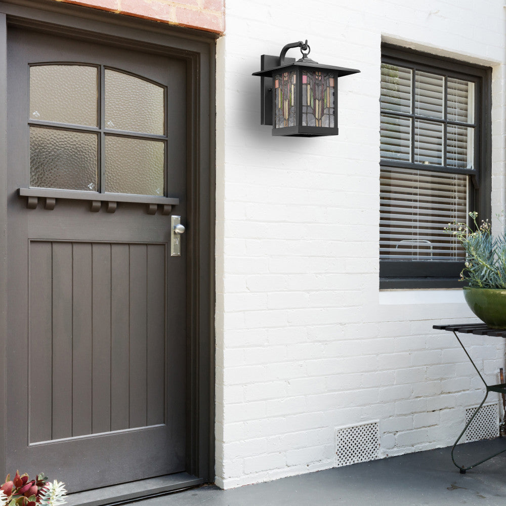 River of Goods Red Stained Glass and Black 1-Light Outdoor Lantern Wall Sconce