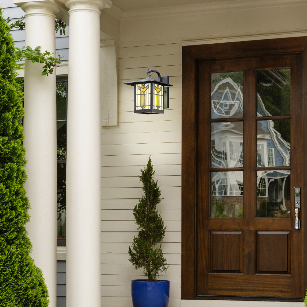 River of Goods Amber Stained Glass and Black 1-Light Outdoor Lantern Wall Sconce