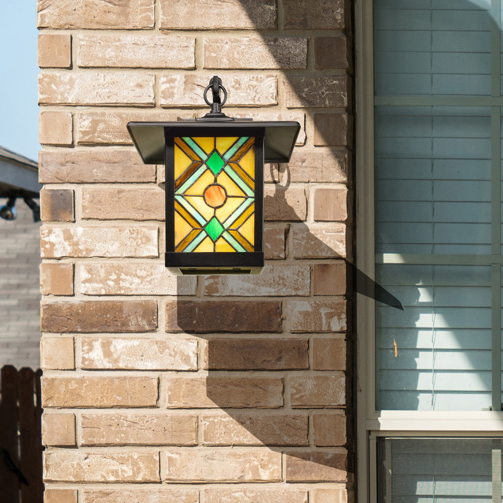 River of Goods Multicolor Stained Glass and Black 1-Light Outdoor Lantern Wall Sconce