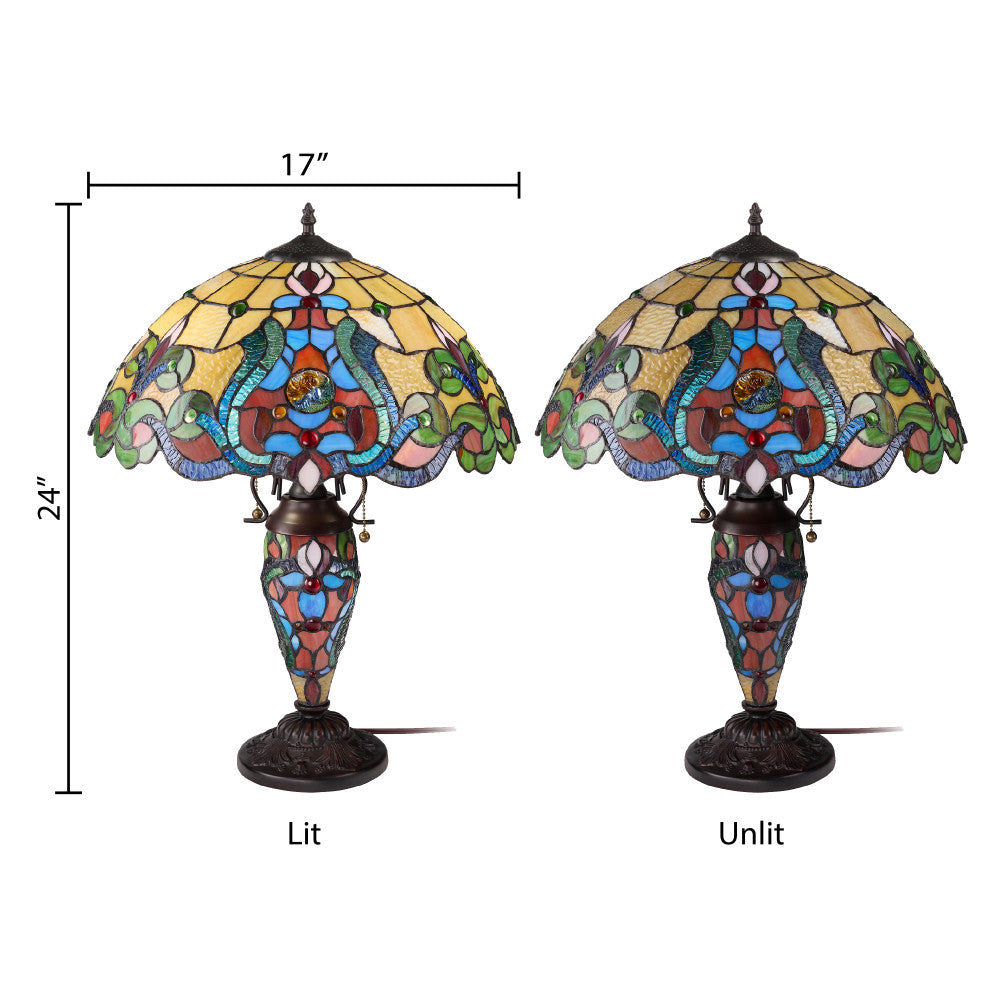 24" H Margaret Double Lit Amber Tiffany Style Stained Glass Table Lamp