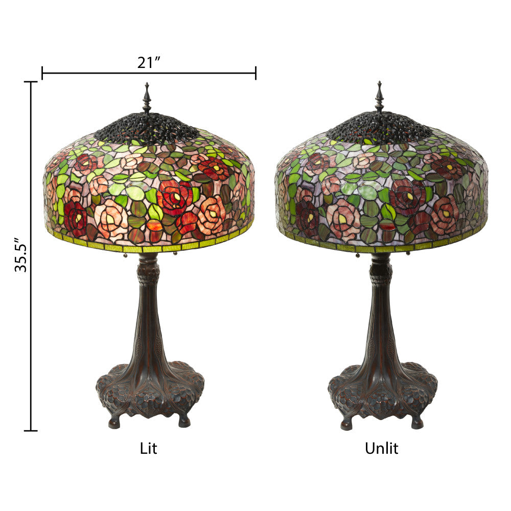 35.5"H Rose Bush Tiffany-Style Stained Glass Table Lamp