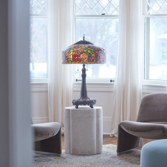 35.5"H Rose Bush Tiffany-Style Stained Glass Table Lamp