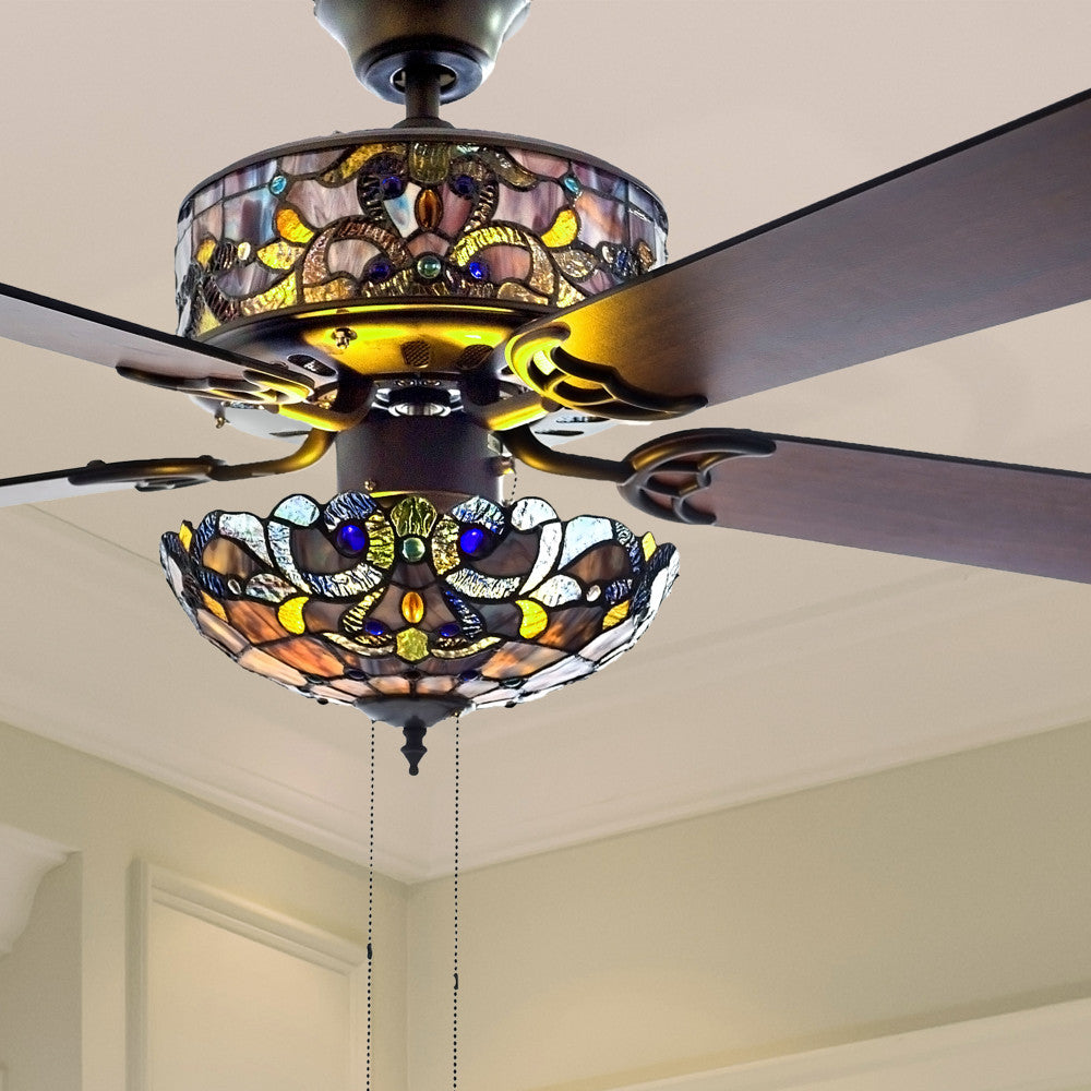 52"W LED Tiffany Style Stained Glass Magna Carta Ceiling Fan with Remote