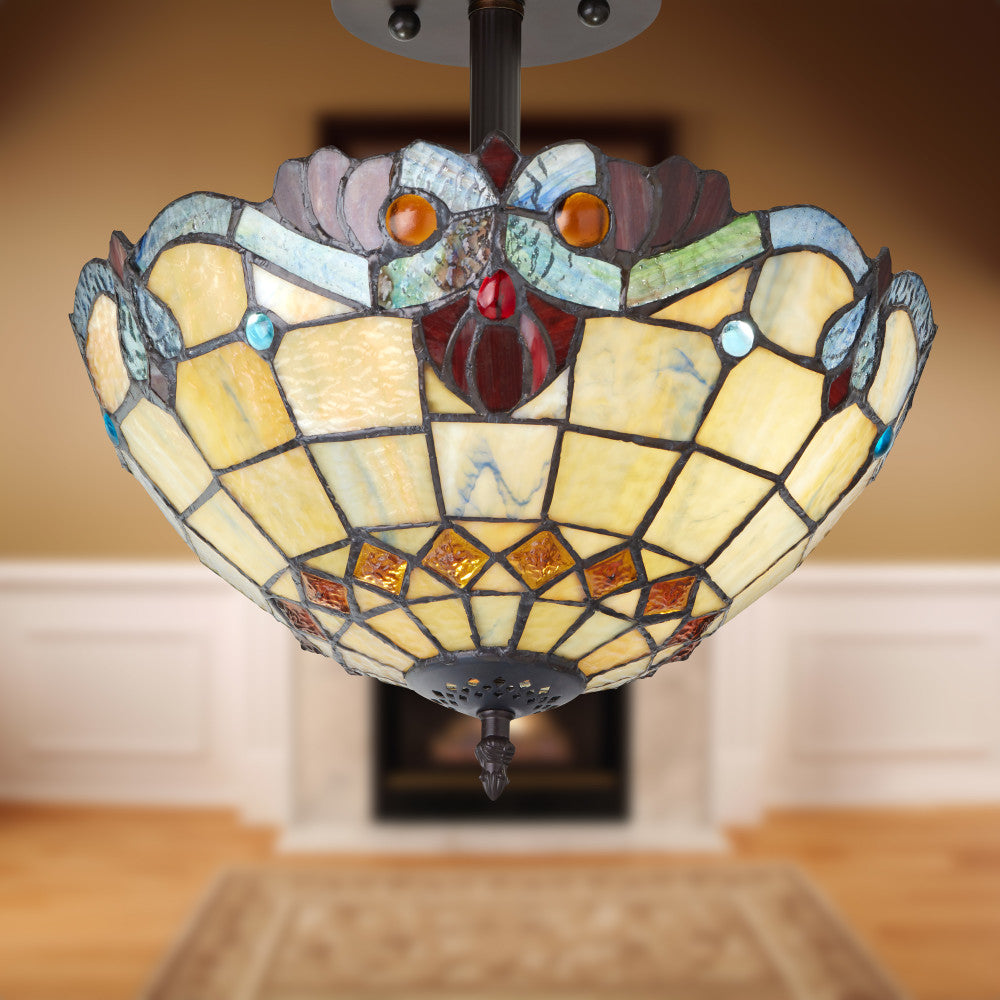 13" H Amelia Red and Amber Stained Glass Shade Traditional Ceiling Light