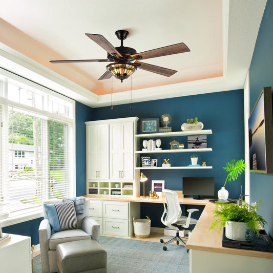 52" W 5-Blade Remote-Controlled Ceiling Fan Tiffany Glass