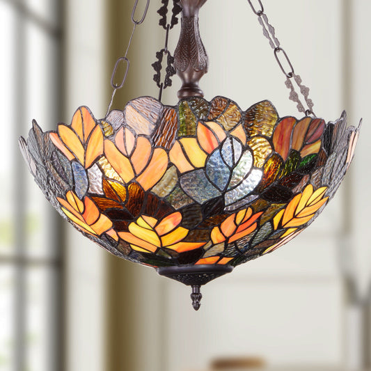 18" W Colorful Maple Victorian Multicolor Stained Glass Bowl Shade Pendant