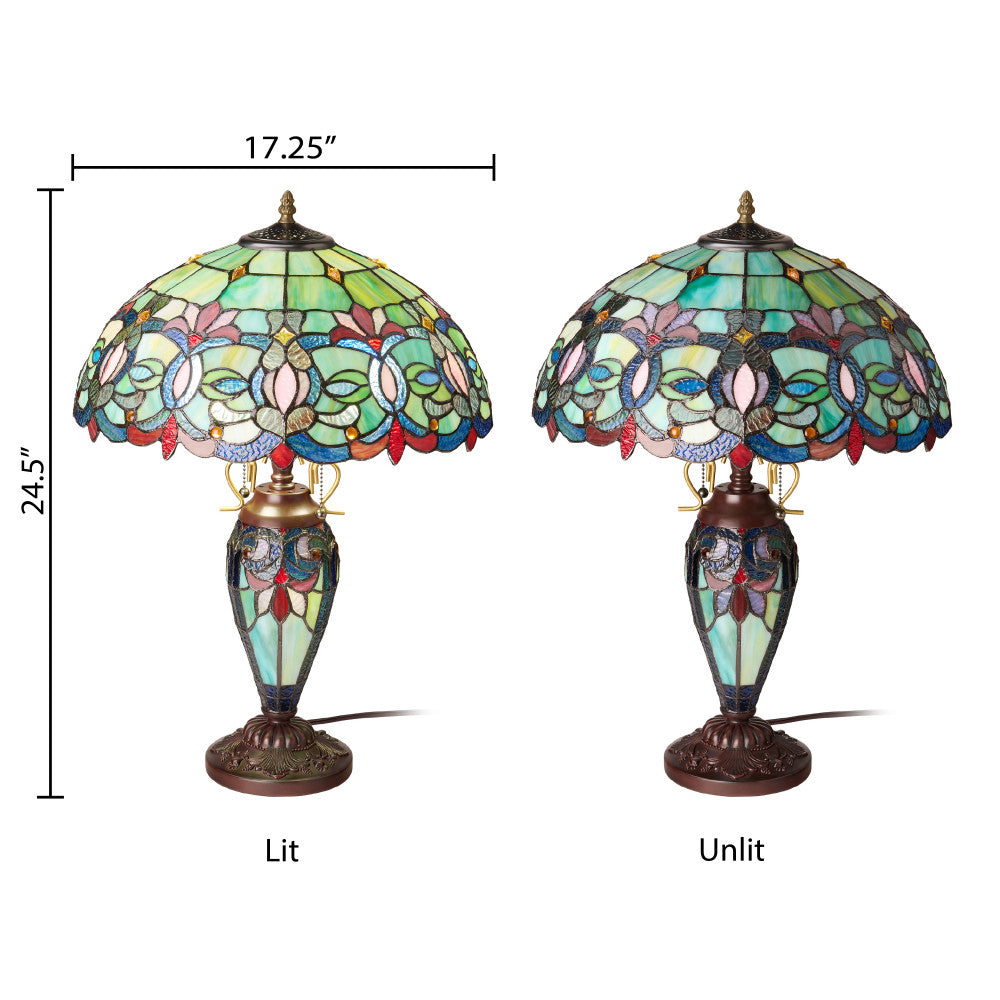 24.5" H Victorian Green Dome Shade Double Lit Tiffany-Style Stained Glass Table Lamp