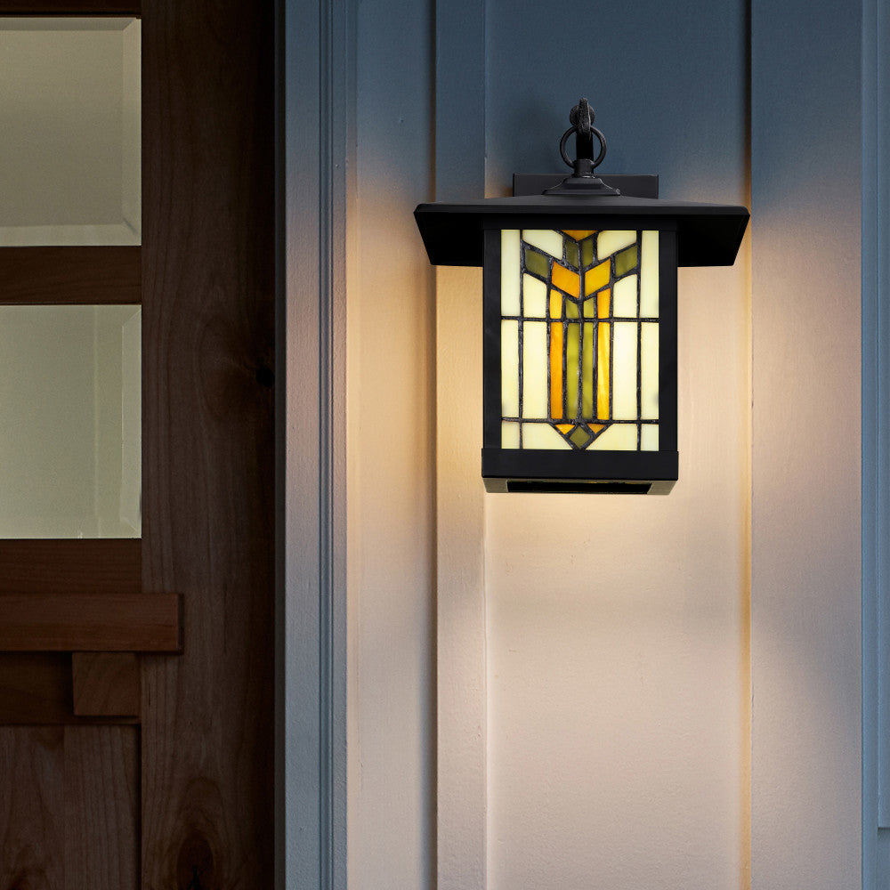 River of Goods Amber Stained Glass and Black 1-Light Outdoor Lantern Wall Sconce