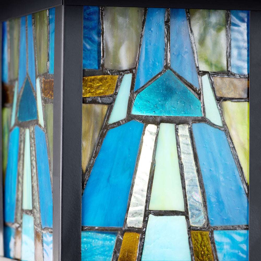 River of Goods Aqua and Amber Stained Glass and Black 1-Light Outdoor Lantern Wall Sconce