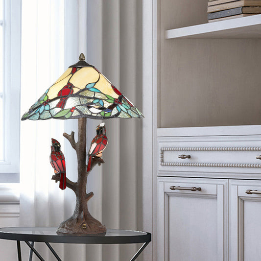 23.75"H Triple-Lit Stained Glass Cardinal Lamp