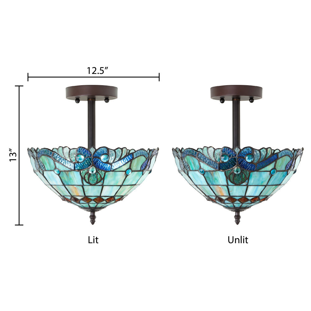 13" H Amelia Blue and Amber Stained Glass Shade Traditional Semi-Flushmount Ceiling Light