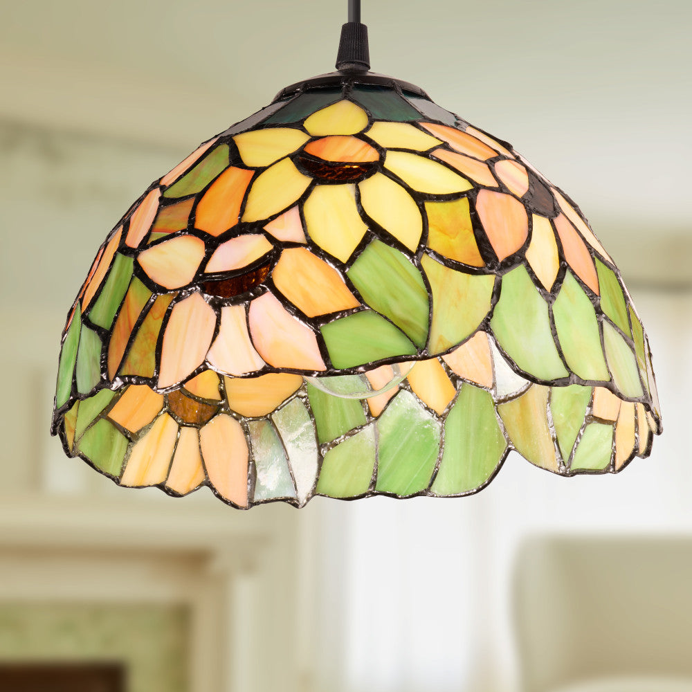 10" W Evelina Yellow Sunflowers Stained Glass Dome Shade Pendant Light