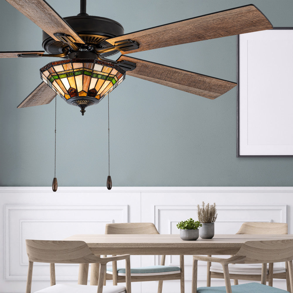52" W 5-Blade Remote-Controlled Ceiling Fan Tiffany Glass