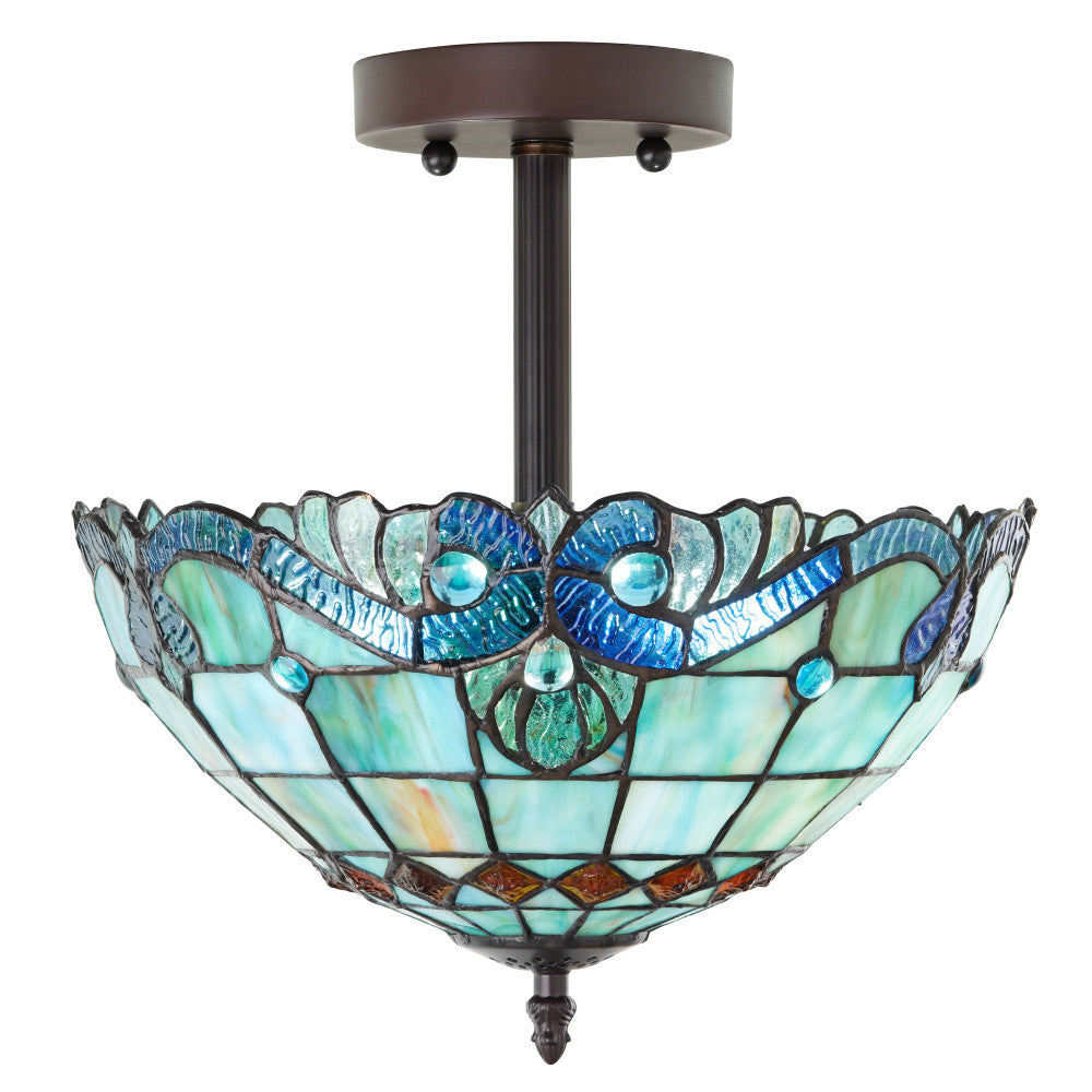 13" H Amelia Blue and Amber Stained Glass Shade Traditional Semi-Flushmount Ceiling Light
