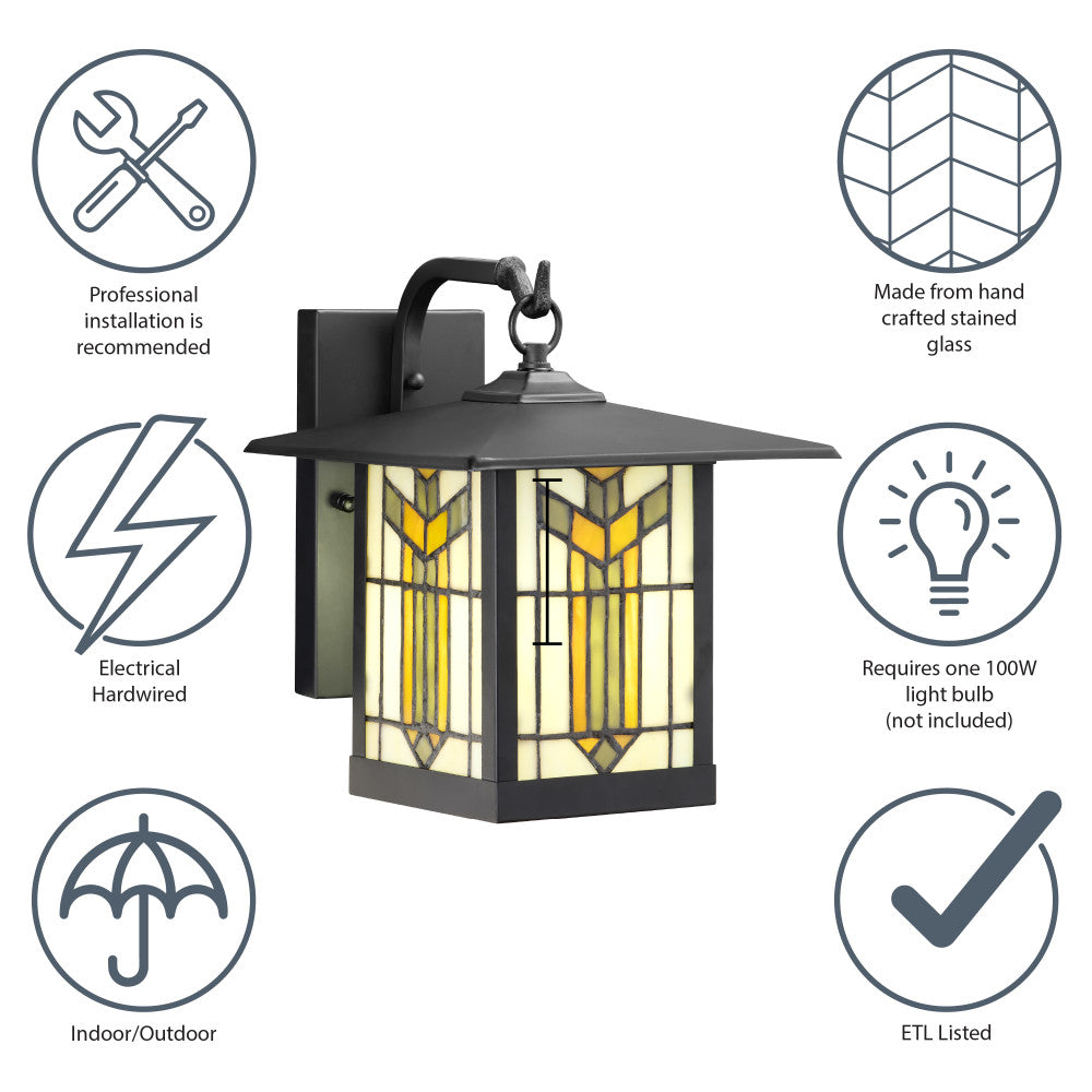 River of Goods Amber Stained Glass and Black 1-Light Outdoor Lantern Wall Sconce