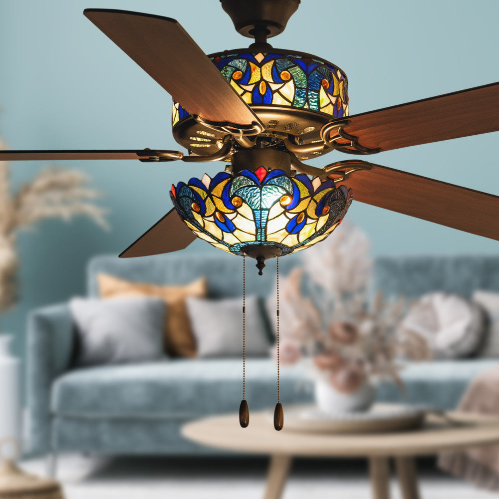 52"W LED Tiffany Style Stained Glass Halston Ceiling Fan with Remote Control